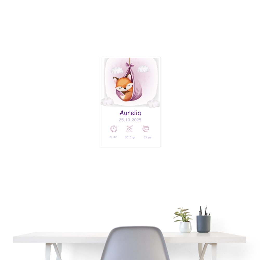 Babyposter mit Name Fuchs Lila 40x60 cm - Weiß