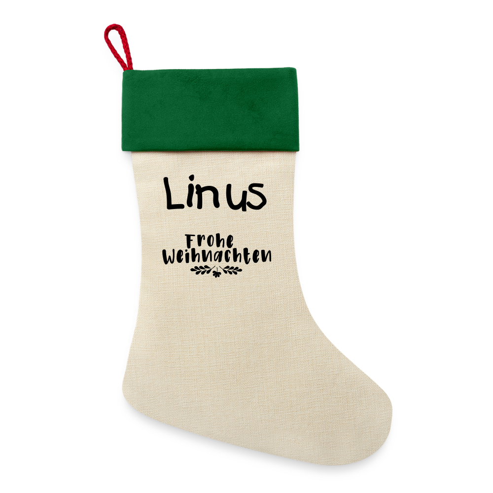 Leinen Weihnachtsstrumpf mit Wunschname! - Natur/Grün