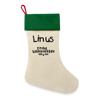 Leinen Weihnachtsstrumpf mit Wunschname! - Natur/Grün