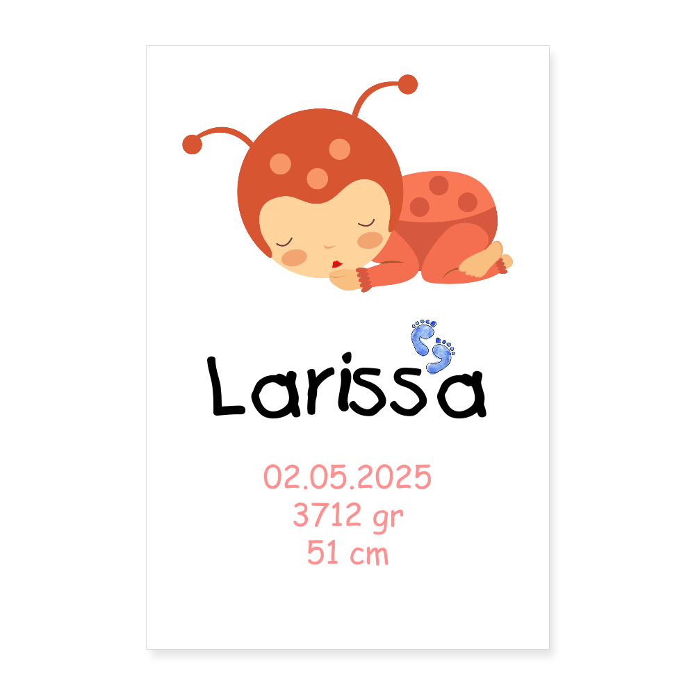 Babyposter mit Name Marienkäfer Mädchen 40x60 cm - Weiß