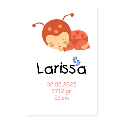 Babyposter mit Name Marienkäfer Mädchen 40x60 cm - Weiß