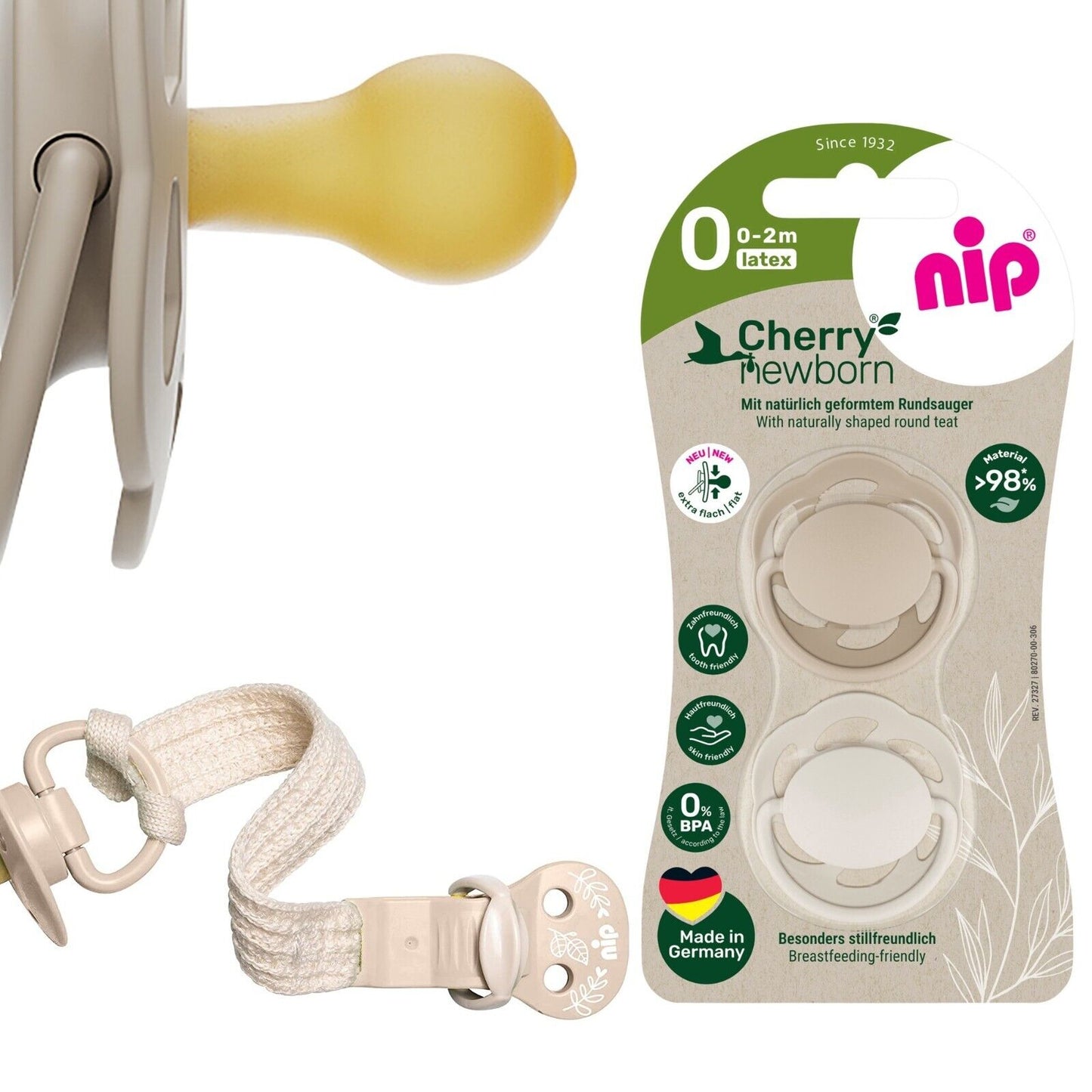 NIP Greenline 3er Set Schnullerband & 2 Cherry Schnuller 0-2M Kirschform Latex