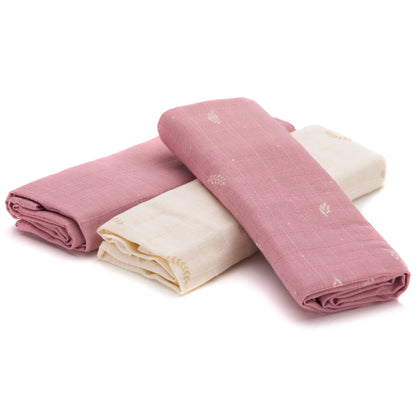 Fillikid 3er Mulltücher aus Baumwolle & Bambus Mix Blumen & Blätter Rosa