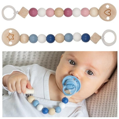 goki Baby Holz Schnullerkette Sternchen blau oder Herz rosa