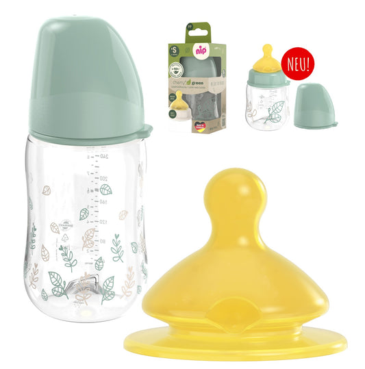 NIP Cherry Green Baby PP Weithalsflasche mit Weithalstrinksauger mit Anti-Kolik Ventil Latex