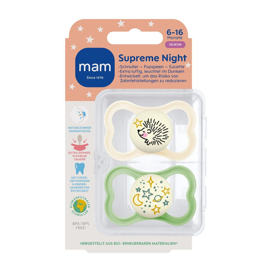 MAM SUPREME NIGHT Silikon Leucht Schnuller Oval Junge / Mädchen 0-6M 6-16M