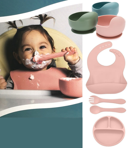 fillikid Baby Geschirr Silikon Set 4-tlg.  Lätzchen, Besteck, Teller & Schüssel