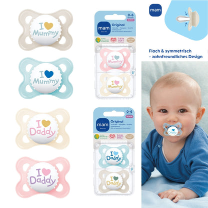 MAM Silikon Schnuller 0-6M  I love Mummy oder I love Daddy -inkl. Sterilisierbox