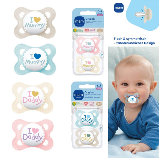 MAM Silikon Schnuller 0-6M  I love Mummy oder I love Daddy -inkl. Sterilisierbox