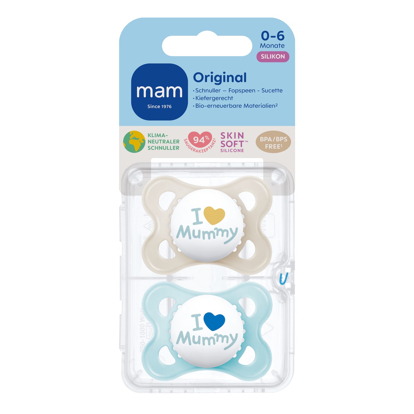 MAM Silikon Schnuller 0-6M  I love Mummy oder I love Daddy -inkl. Sterilisierbox