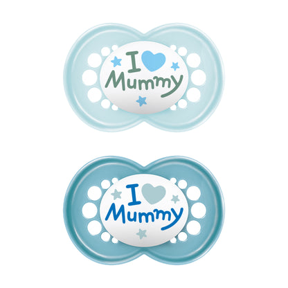 MAM Silikon Schnuller  I love Mummy oder I love Daddy -inkl. Sterilisierbox