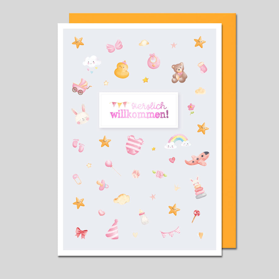 Umschlagkarte Herzlich Willkommen Rosa