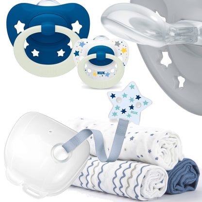 Baby Geschenkset 7-tlg Sterne Blau (Schnuller, Band, Box, Schnuffeltuchset)