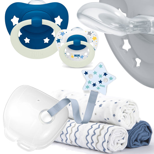 Baby Geschenkset 7-tlg Sterne Blau (Schnuller, Band, Box, Schnuffeltuchset)