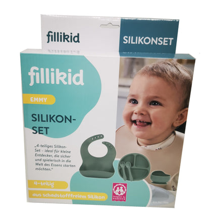 fillikid Baby Geschirr Silikon Set 4-tlg.  Lätzchen, Besteck, Teller & Schüssel