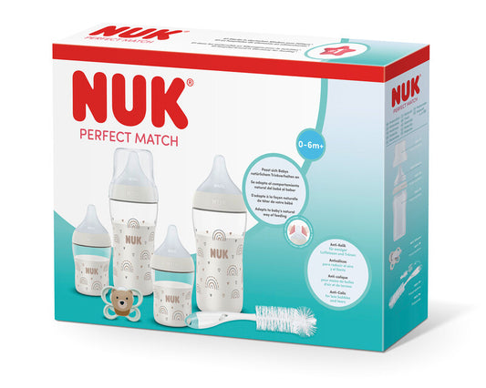 Nuk Perfect Match Geschenkset 0-6m Regenbogen 4x Babyflasche & 1x Schnuller & Flaschenbürste