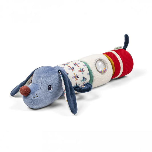 Leucht Plüsch Geräuscherolle Rassel Hund Jules blau